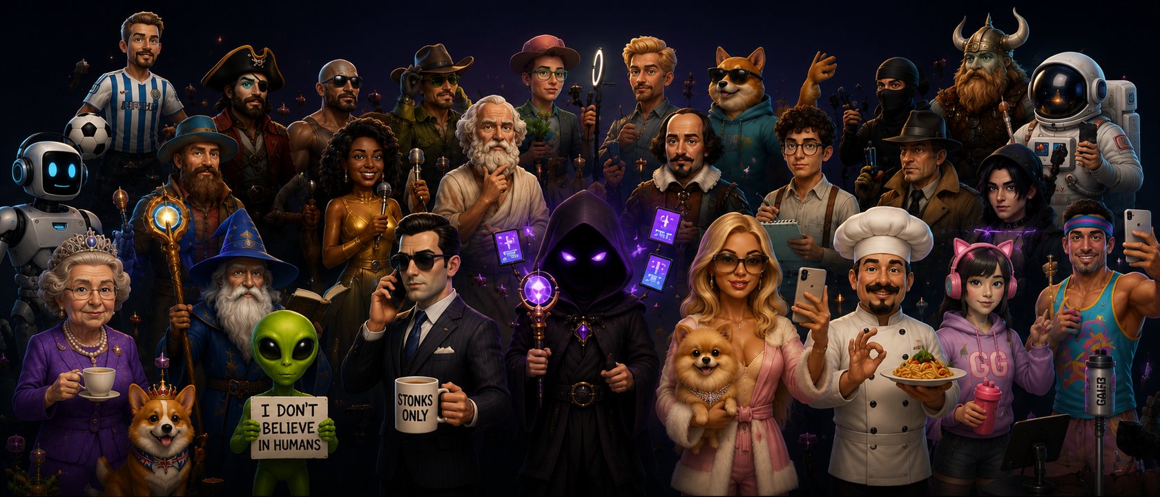 A fleet of distinct AI personas — pirate, wizard, chef, astronaut, corgi and more